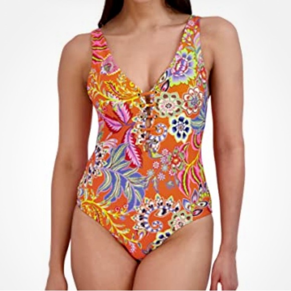 BCBGMaxAzria Other - BCBGMAXAZRIA Tropical Print Orange Swimsuit 🩱 Sz M NWT One Piece